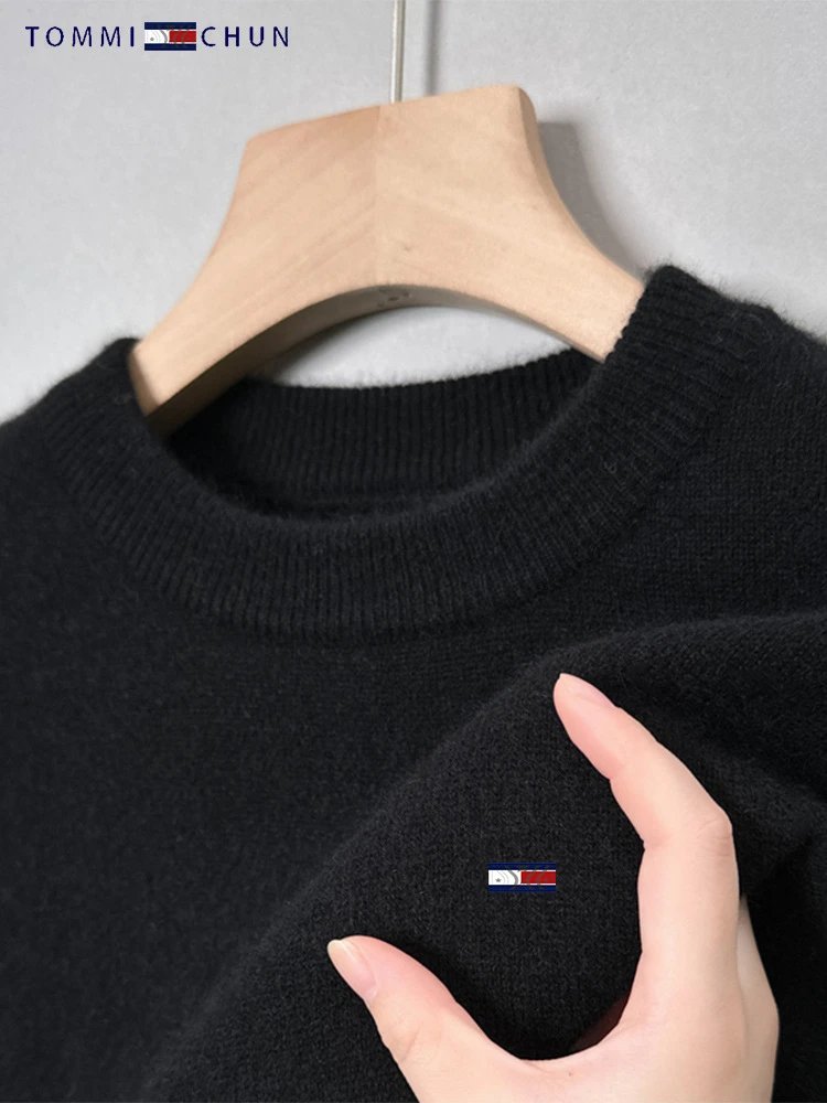 American Tommy wool sweater, men’s crew-neck thickened solid-color cashmere fashion casual base-layer pullover knit - Image 2