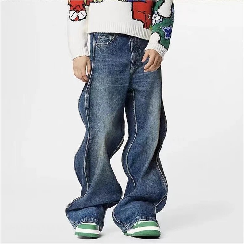American Style Retro Twisted Wave Line Washed Jeans Men's Spring and Autumn Fashion Brand ins High Street Loose Casual Trousers – Blue, S