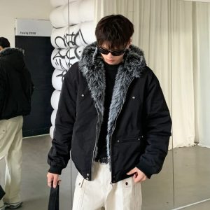 Winter Explosions American Thickened Fur Collar Seat Mountain Carving Cotton-padded Jacket Men's and Women's Faux Rabbit Velvet Hooded Couple's Jacket Men's Cotton-padded Clothes Trendy – Black, M