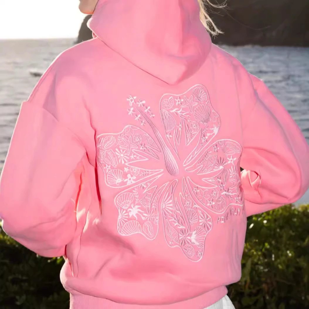 2025 New European size women's shoulder sleeve thread Hawaii Hibiscus Hoodie Hibiscus Print – Plum Red-Hibiscus, XS