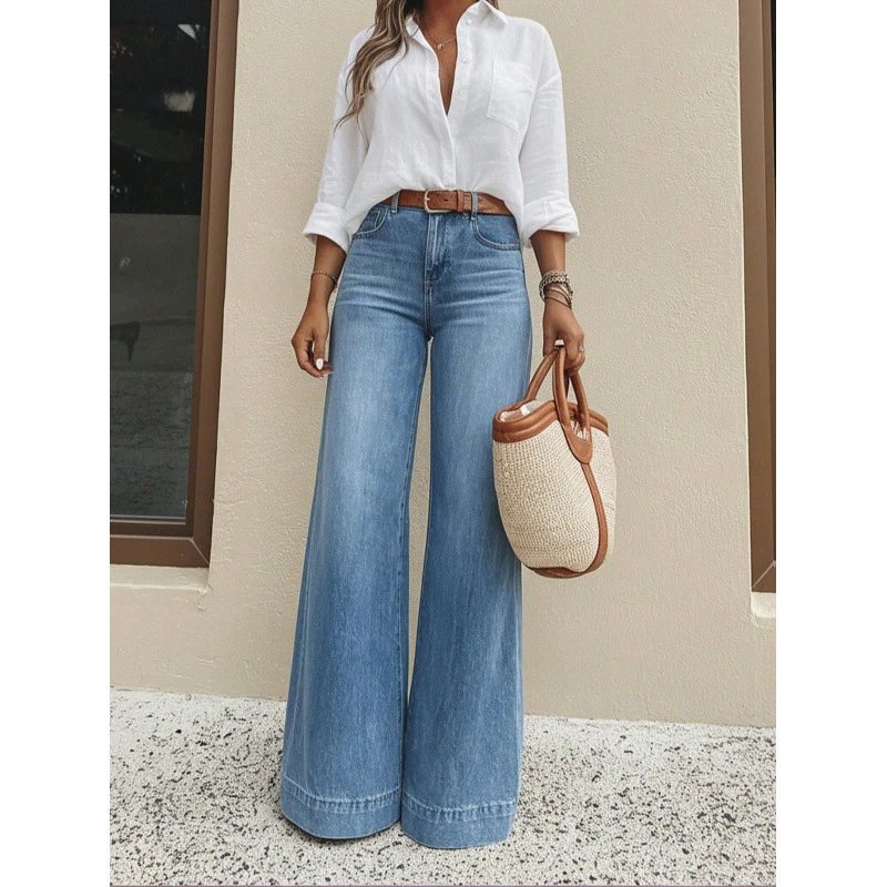 Cross-border 2026 Spring/Summer New Retro Washed Wide-leg Jeans, Loose-fit Slimming High-waist Denim Pants for Women