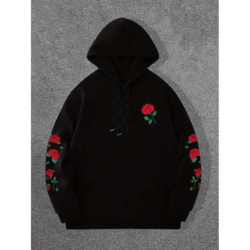 Cross-border hoodie, fashionable European and American style, drop-shoulder sleeves, rose print, hooded sweatshirt, casual loose-fit pullover