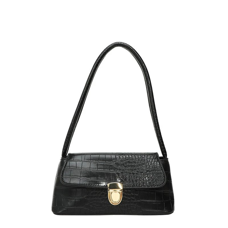 Underarm Bag New Fashionable 2025 Texted Shoulder Handbag Summer Elegant Girl Crocodile Pattern Fashionable Women's Bag – Black