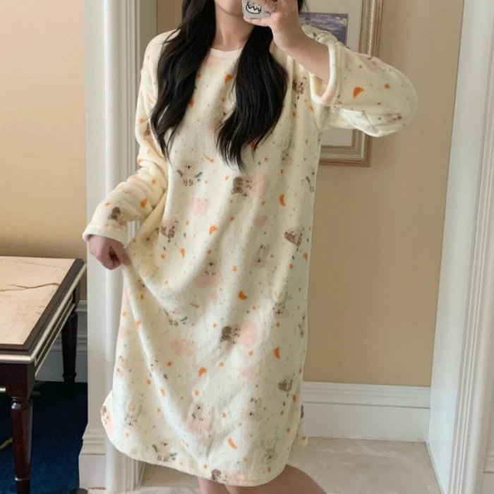 Women's Flannel Long-sleeved Nightgown Autumn and Winter Cartoon Printed Round Neck Pullover Outer Wearing Warm Home Dress Long – LXE-9860#Koala, M