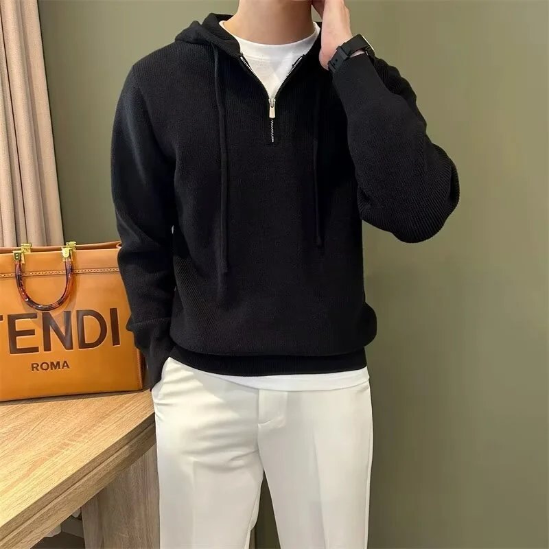 Autumn and Winter Casual Shoulder Knitted Hooded Sweater Men's 2024 Half Zipper Relaxation Simple All-match Pullover Sweater