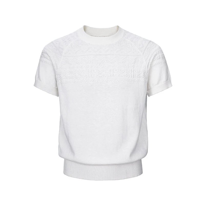 White short sleeves with fair island knitted jacquard T T-shirt for men and women delicate soft waxy light luxury texture commuter all-match summer top – white, M