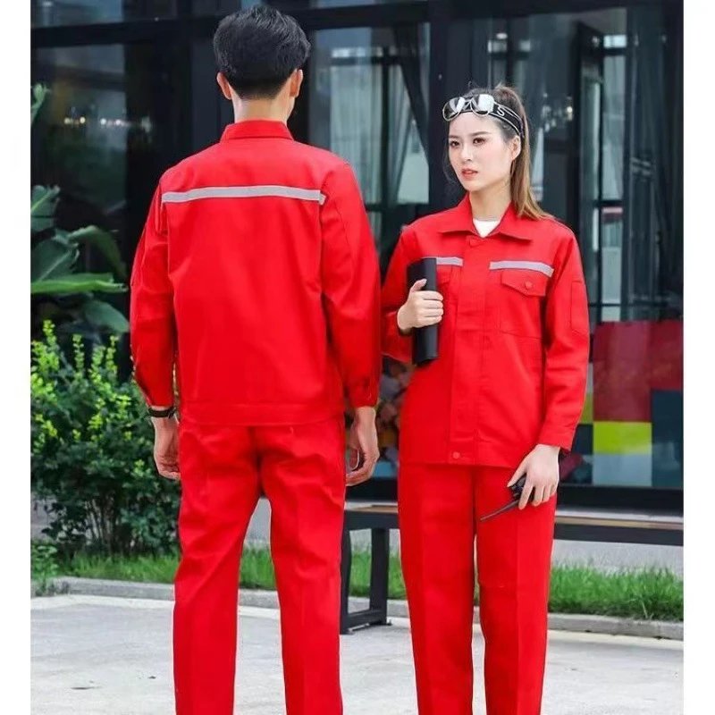 Summer Work Clothes Set Men's and Women's Long Sleeve Reflective Strip Auto Repair Clothing Factory Workshop Building Labor Protection Work Clothes Printing – Polyester Red Reflective Strip Long Sleeve Suit, 165