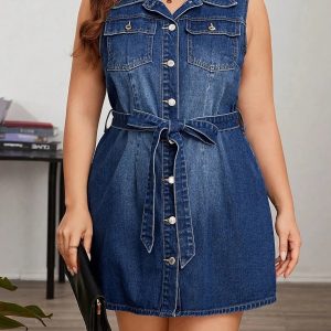 European and American Cross-border Large Size Women's Shirt Sleeveless Lace-breasted High Waist Dress