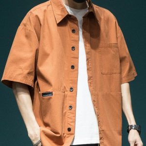High-grade Orange Japanese Style Short-sleeved Shirt Men's Summer New Loose Large Size Workwear Shirt Superior Lapel Top
