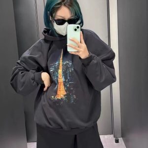 25 FW Autumn and Winter New Paris Style Tokyo Ginza Limited Tower Loose Men's and Women's Hoodie – Washed black, XS