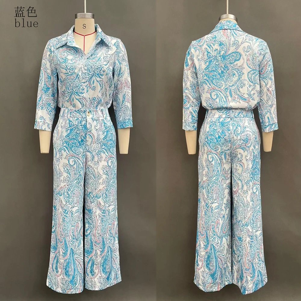 2026 Summer New European and American Fashion Two-piece All-match Casual Printing Polo Collar Top Wide Leg Pants Set – Blue, S