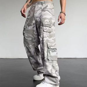 Unisex Loose Straight-Leg Camouflage Cargo Jeans with Multiple Pockets – Camouflage [T35] XK, 3XL