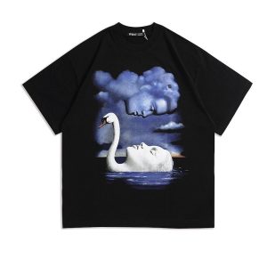 2024 Unisex Oversized Cotton T-Shirt with Love-Swan Graphic – BD117 black, L