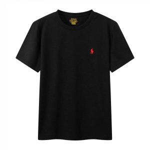 2024 summer new cotton T-shirt round neck fashion short sleeve – black-red, S
