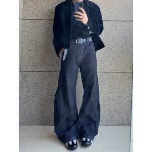 2025 Unisex Loose Blue-Black Jeans – Straight/Wide-Leg Floor-Length Style – Black, 3XL
