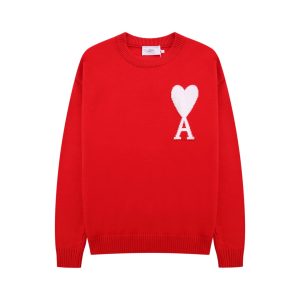 AMI Paris Knit Sweater Heart Logo – Red white, L