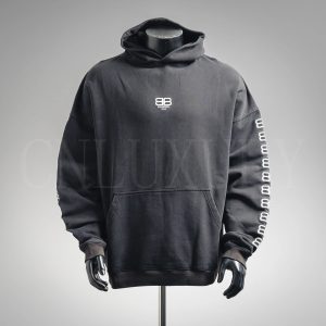 Balenciaga (BB) Hoodie Black / White – Black-Double B Embroidered Washed Hooded Sweat, L